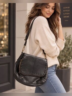 Classic Black Leather Crossbody Shoulder Bag